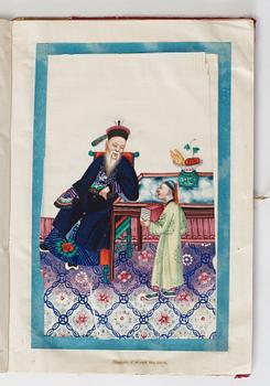 Album comprising 12 export gouaches on pith paper, portraying the Chinese court, Qing dynasty, late 19th Century.