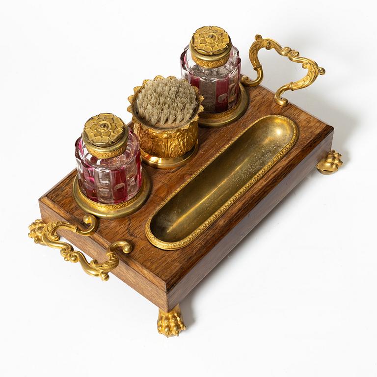 A French late Empire ormolu and cut-glass writing stand, ca 1830.