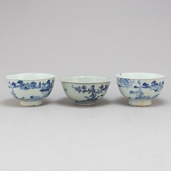 Three blue and white bowls for South East Asian market, one Ming dynasty, and two Qing dynasty.