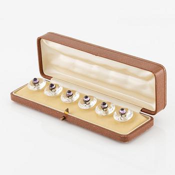 Buttons, 6 pcs, silver with faceted rock crystal and cabochon-cut amethysts.