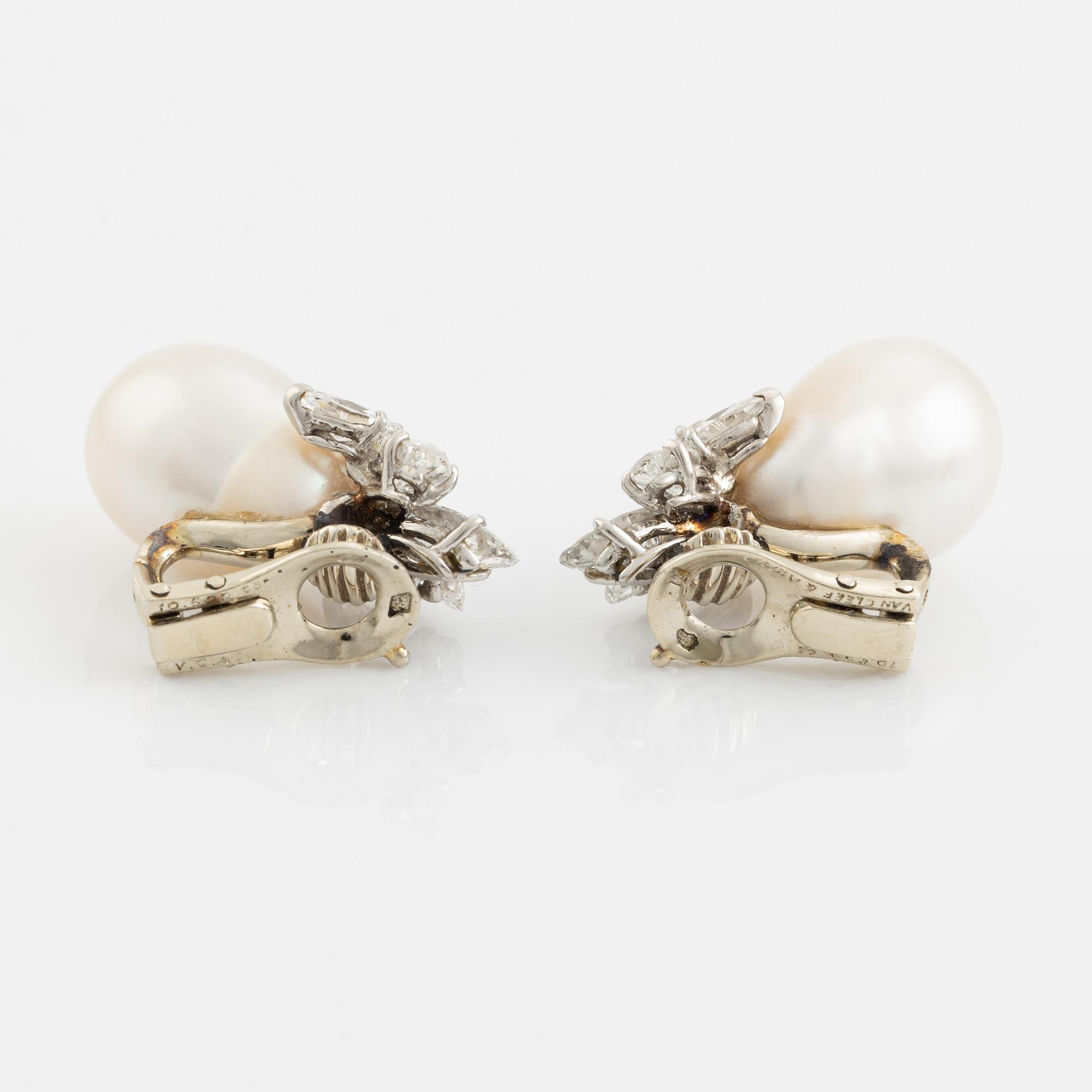 Van Cleef & Arpels a pair of earrings with drop-shaped cultured pearls and marquise and round brilliant-cut diamonds.