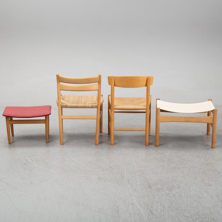 Børge Mogensen, 2 beech chairs + 2 stools, Fredericia Denmark and Karl Anderssons Sweden.