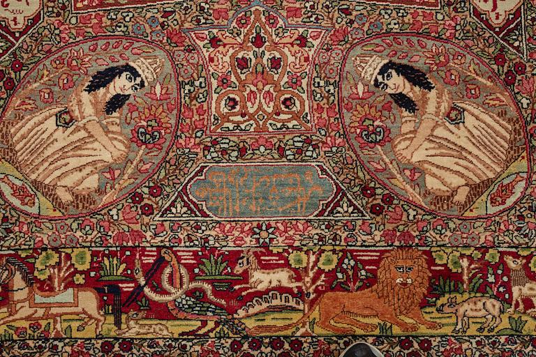 A rug, antique Kerman Laver figural, ca 209,5-211 x 131-133,5 cm.