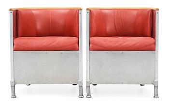 A pair of Mats Theselius aluminium, birch and red leather armchairs, Källemo AB.