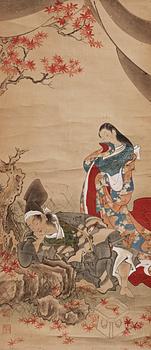 778. RULLMÅLNING, tusch och färg på papper. Oidentifierad konstnär, Japan, 1800-tal. Två senare sigill i rött.