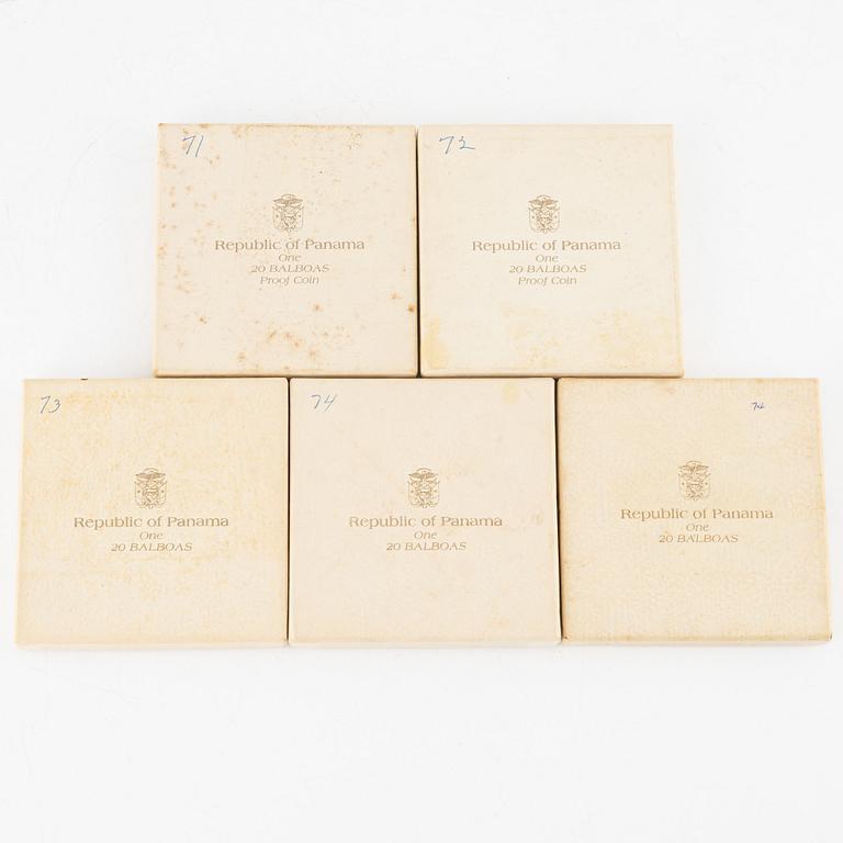 Silvermynt, 5 st, 20 Balboas, Republica de Panama, 1971, 1972, 1973, 1974, 1975.
