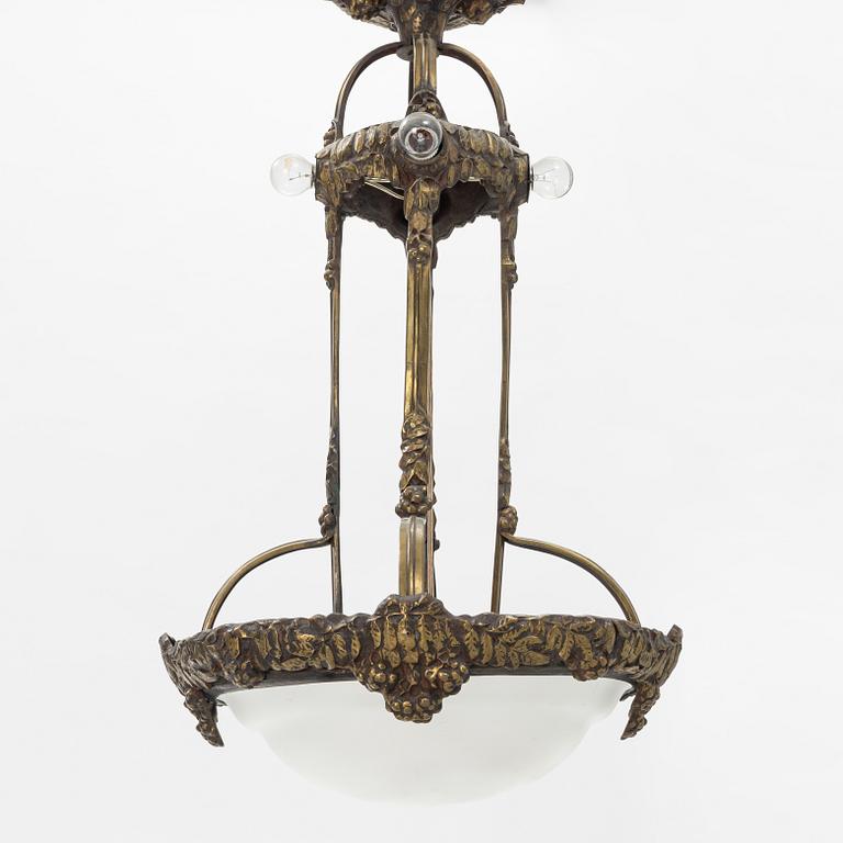 An Art Nouveau glass and brass ceiling light, Arvid Böhlmarks Lampfabrik, early 20th Century.
