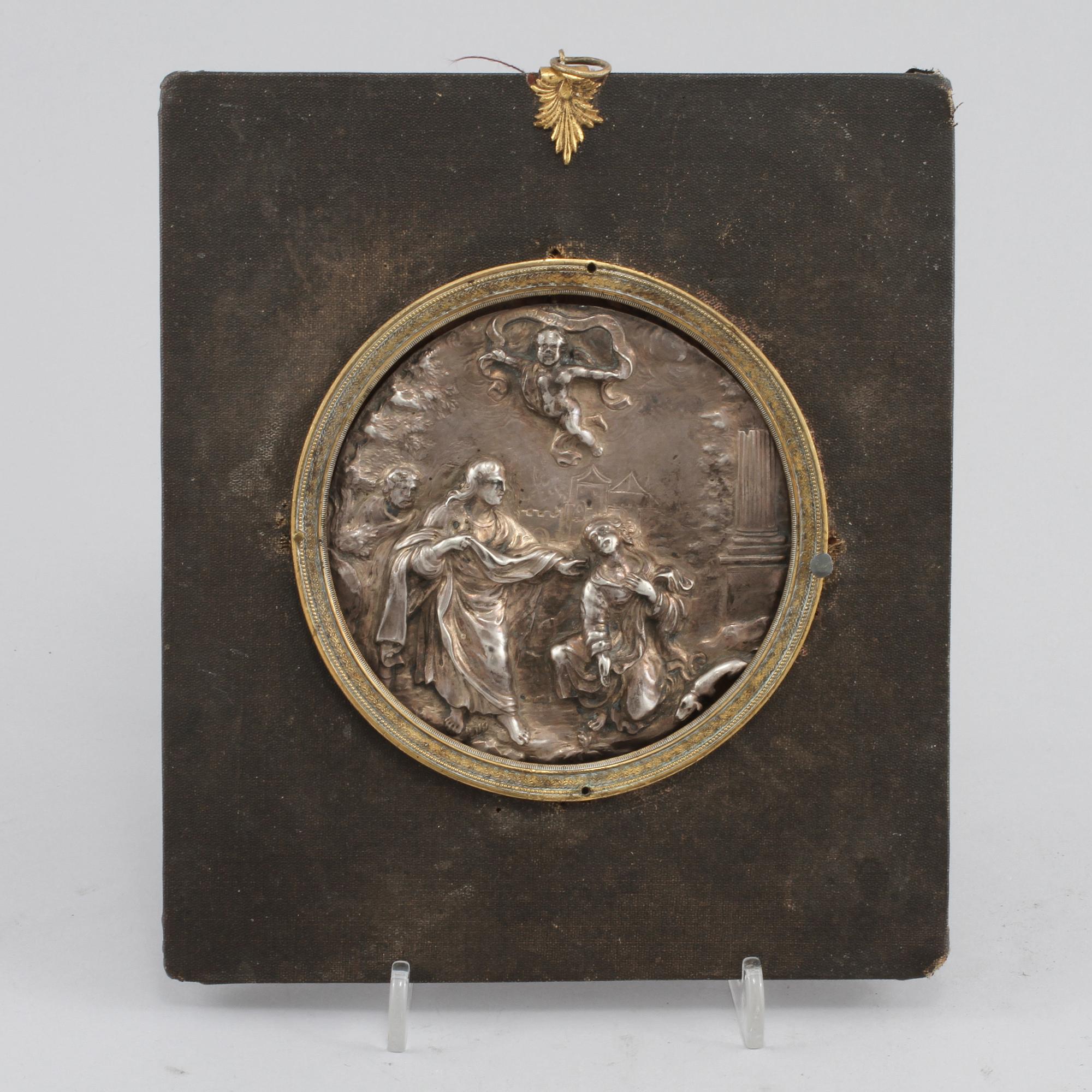 PLAKETT, delvis silver, 1800-tal.
