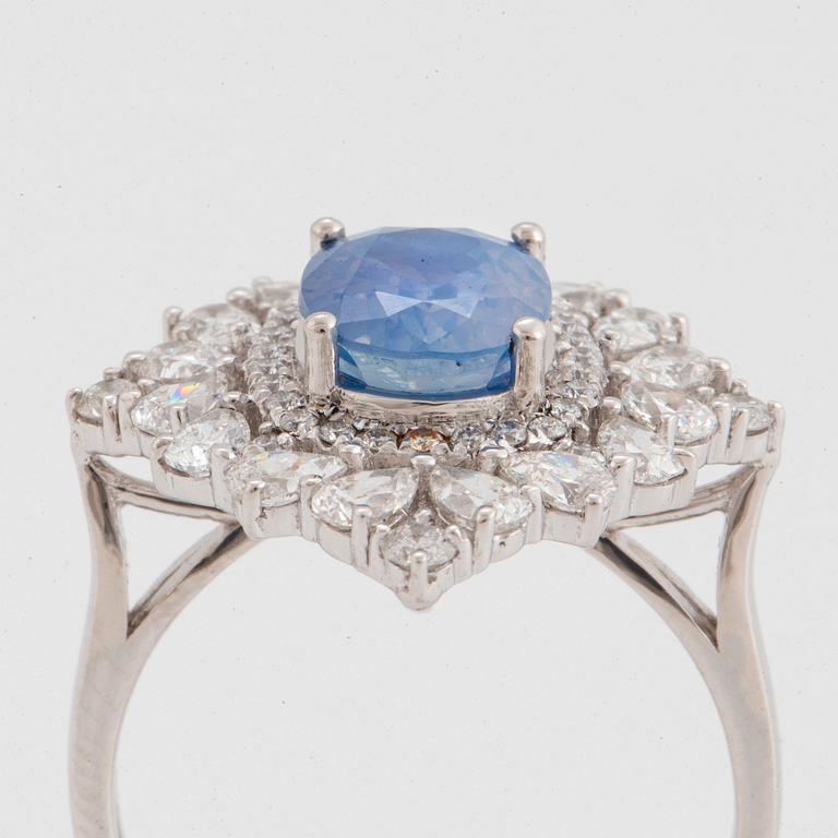 A platinum ring set with a faceted Kashmir sapphire 2.52 cts.