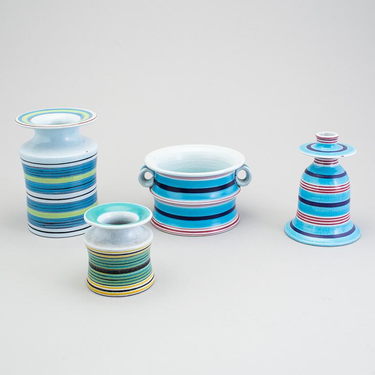 STIG LINDBERG, a lot of three vases and a candlestick, faience, Gustavsberg 1960s.