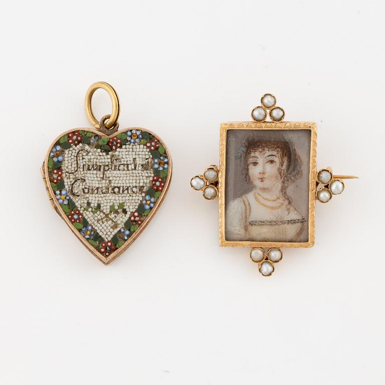 Pendant, brooch, and salt cellar, 18th - 19th century.