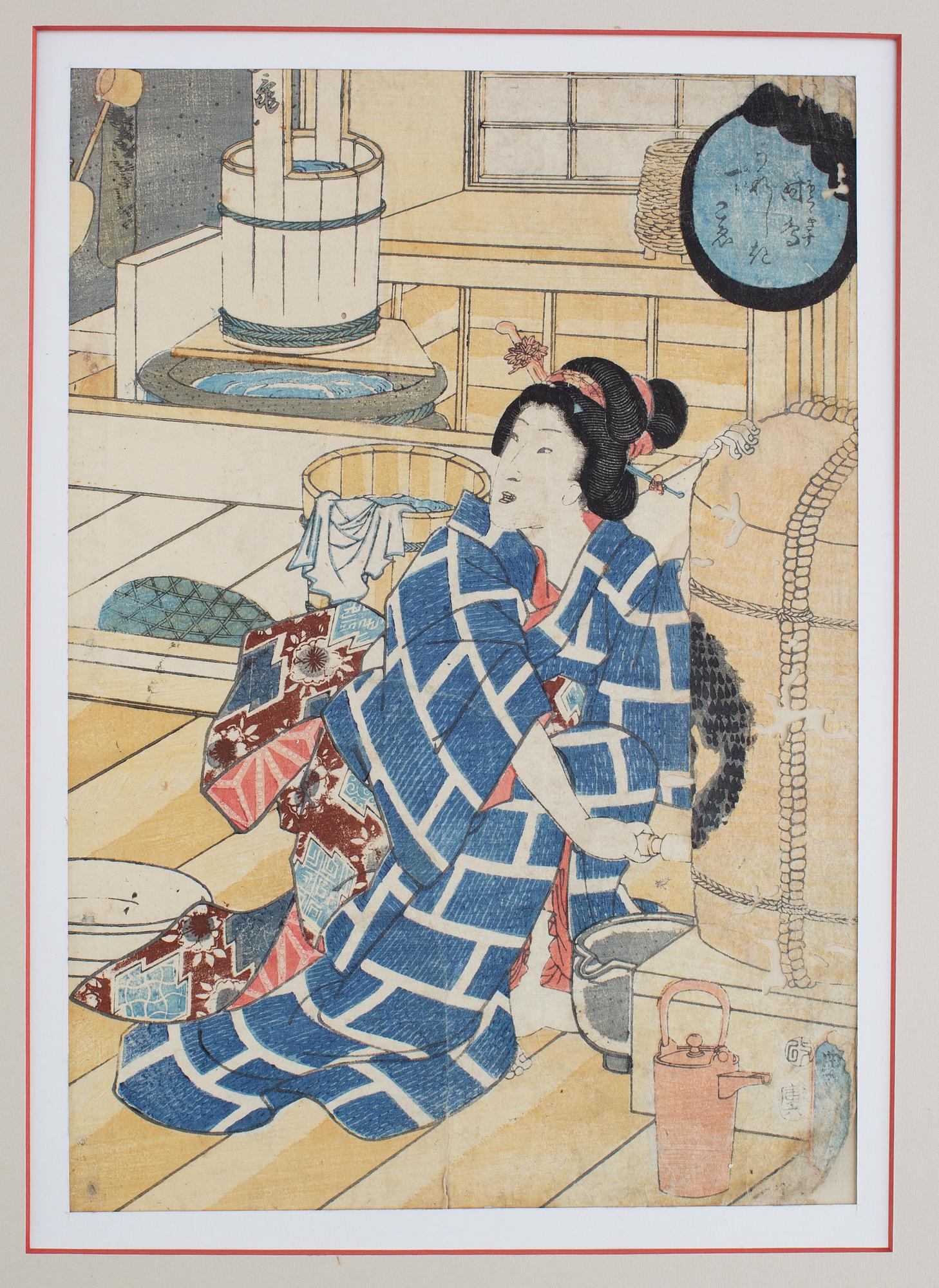 TOYOKAWA YOSHIKUNI samt KUNISADA, färgträsnitt, 2 st, japan, 1800-tal.