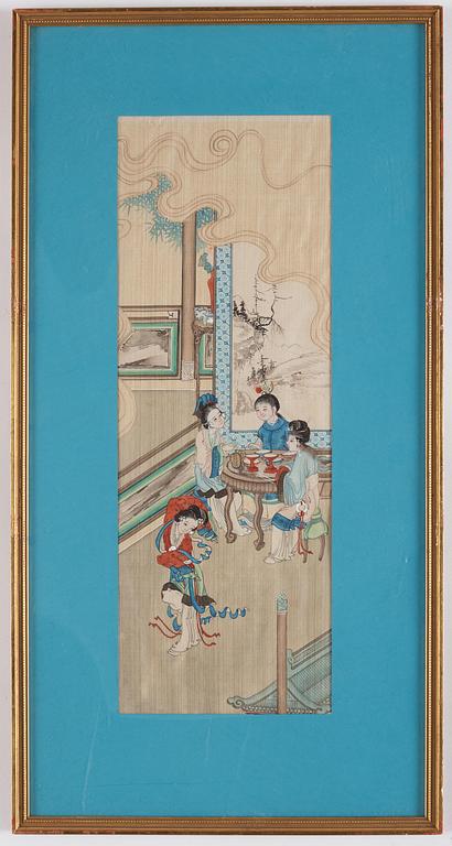 A group of seven Chinese paintings on silk by anonymous artist, Qing dynasty, 19th century.