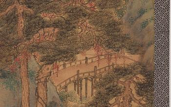 RULLMÅLNING, bergigt flodlanskap i Qian Dus (1764-1844/45) stil, Qingdynastin, sent 1800-tal.