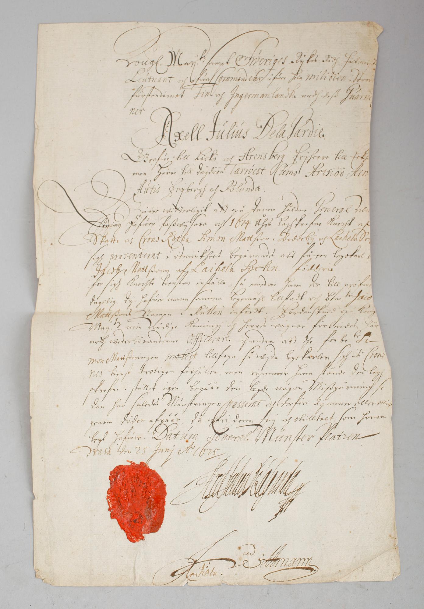 DOKUMENT, 4 st, till Axel Julius de la Gardie (1637-1710), med lacksigill samt BREV.