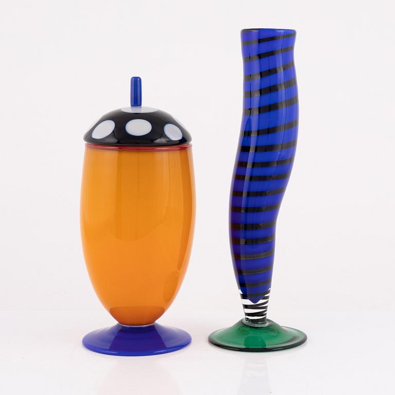 Gunnel Sahlin, a 'Mambo' glass vase from the 'Latin Love' series and a unique lidded urn, Kosta Boda, Sweden.
