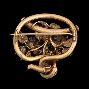 BROSCH, 18K guld, rosenslipade diamanter, emalj.