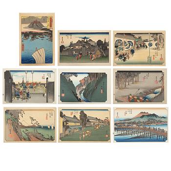 Ando Utagawa Hiroshige, after, a set of nine woodblock prints in colours, Japan, 20th Century.