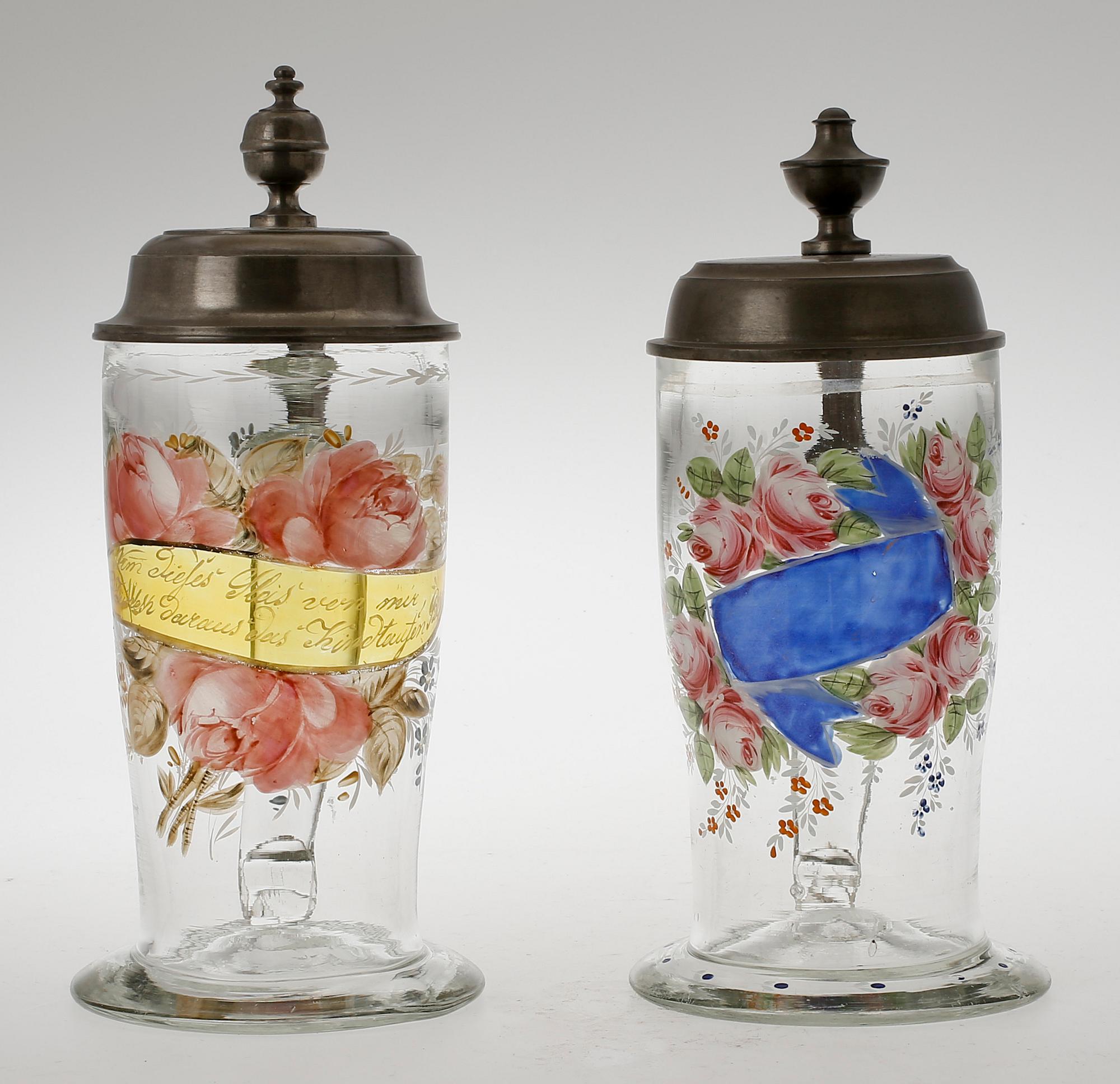 ÖLSTOP, 2 st, glas och tenn, 1800-tal, Tyskland.