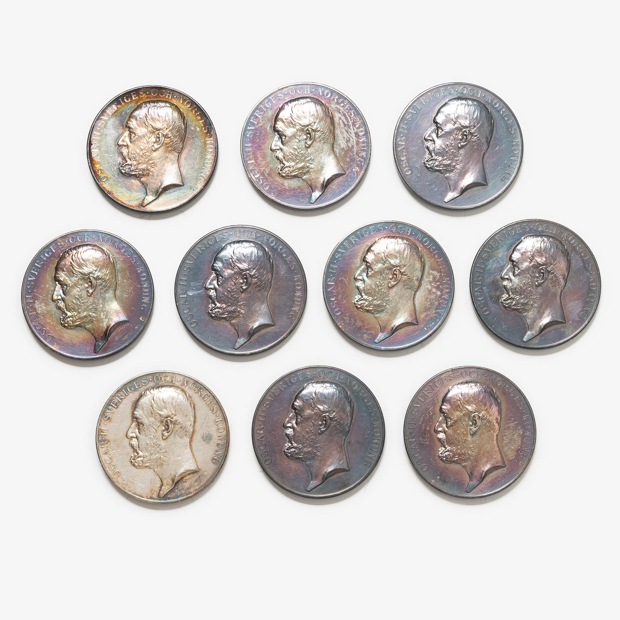 Ten silver medals, Kungliga Myntverket, Sweden, circa 1904.