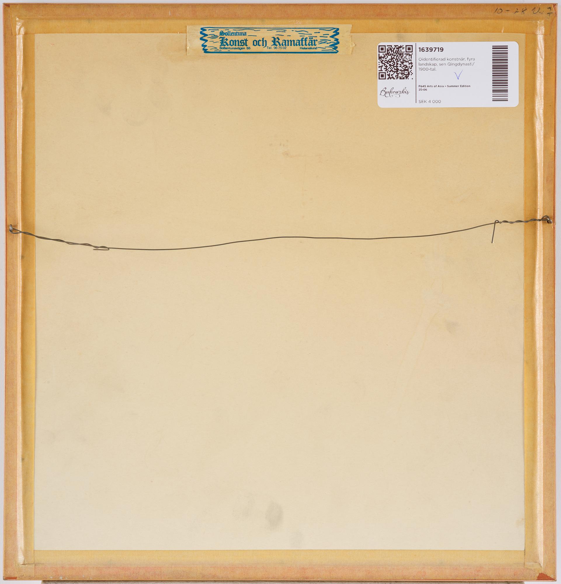 Oidentifierad konstnär, fyra landskap, sen Qingdynasti/ 1900-tal.