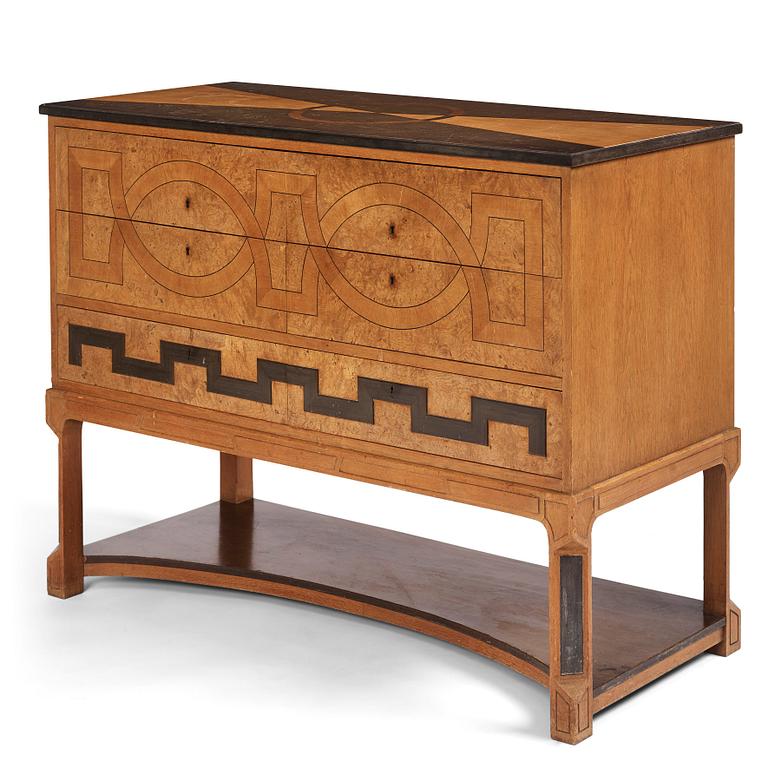 Carl Bergsten, an oak veneered sideboard/ chest of drawers, Nordiska Kompaniet Sweden 1923. Part of a set exhibited in Gothenburg 1923.