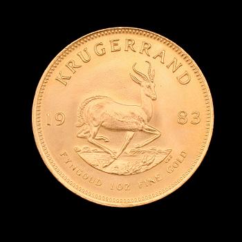 GULDMYNT, finguld, Krugerrand, Sydafrika, 1983. Vikt ca 34 g.