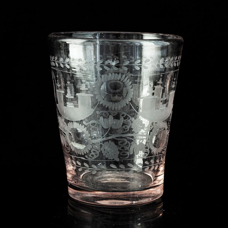 A cut and engraved glass beaker, 18th Century.