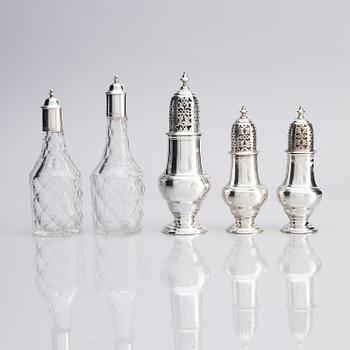 An English 18th century silver and glass cruet-set, mark of Jabez Daniel, London 1777 and possibly 1783.