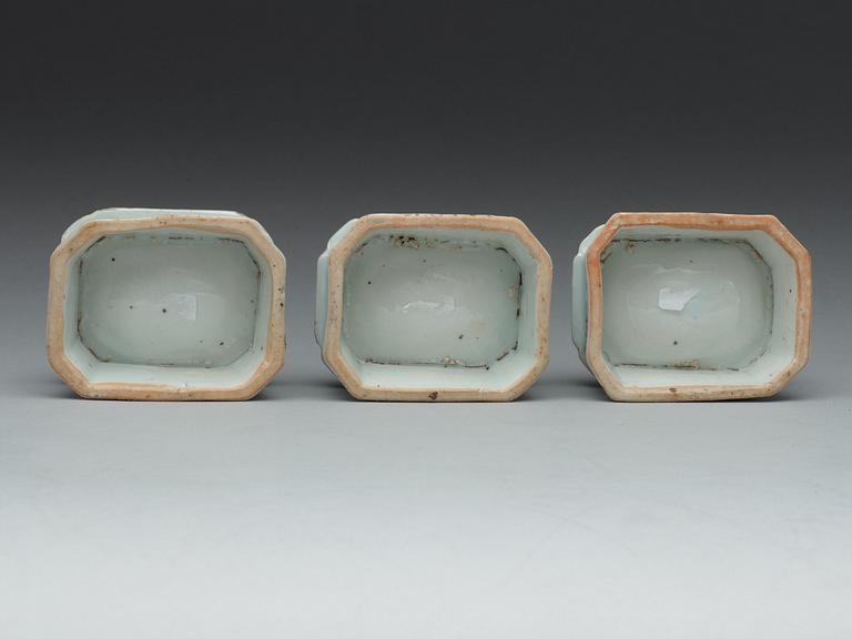 A set of three blue and white with enamels salts, Qing dynasty, Qianlong (1736-95).