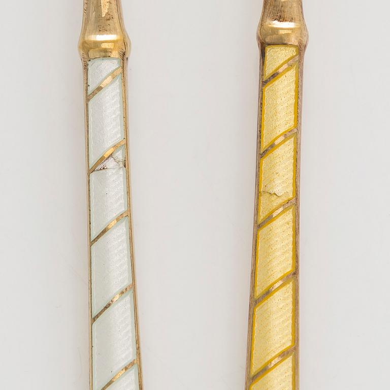 Gafflar, 6 st, förgyllt silver och emalj, E Lauritsen, Danmark 1900-talets mitt.