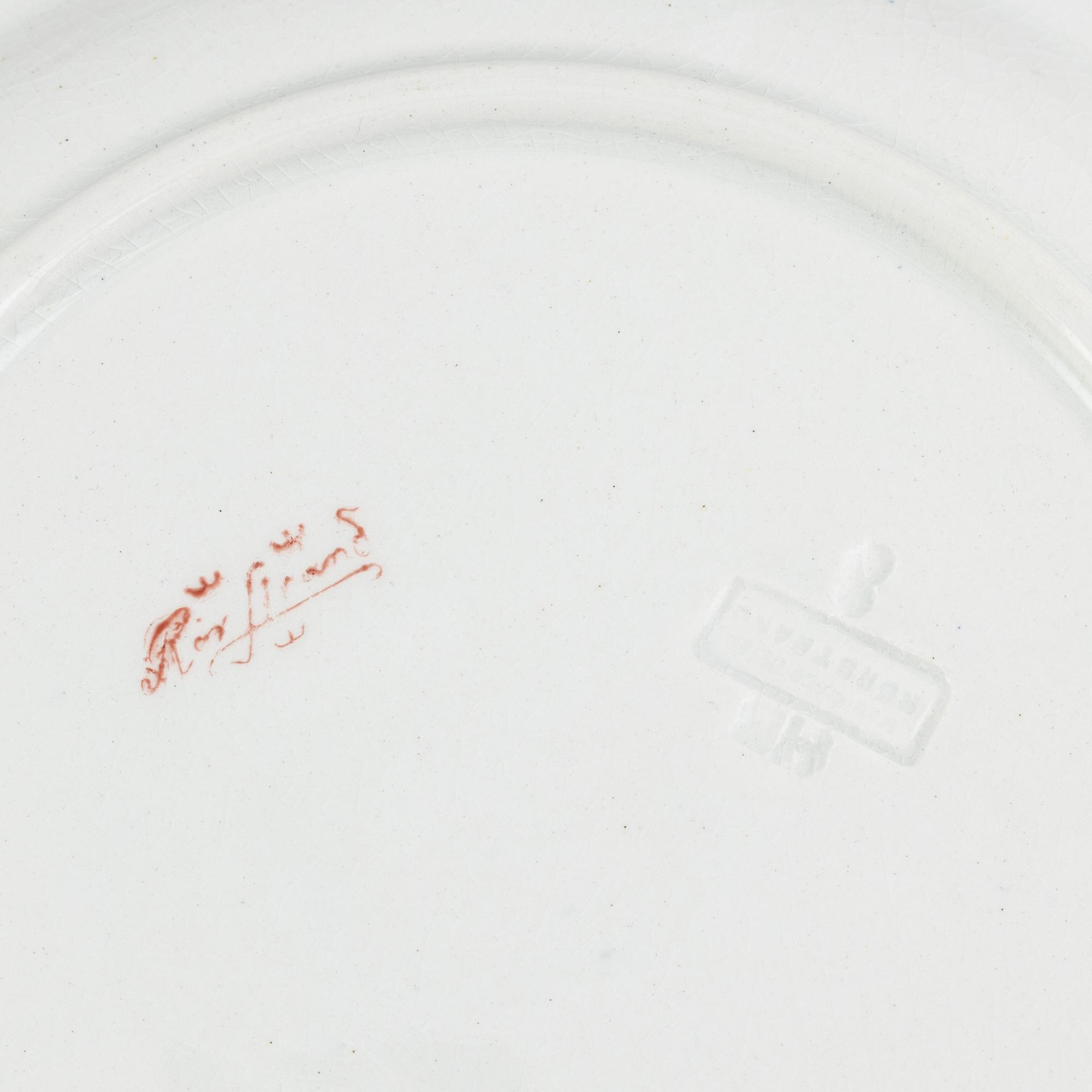 Alf Wallander, kräftassietter, 6 st, flintgods, Rörstrand, tidigt 1900-tal.