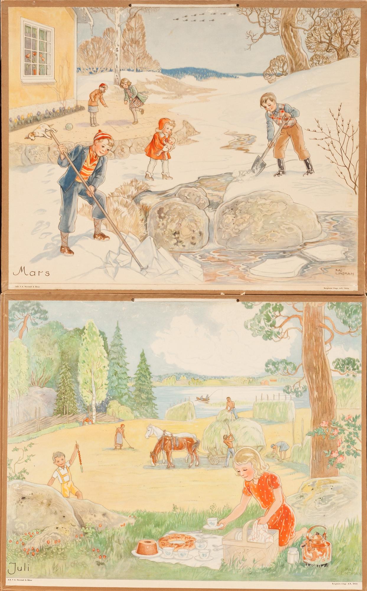 SKOLPLANSCHER, 12 st, Maj Lindman, P.A Norstedt & Söner.