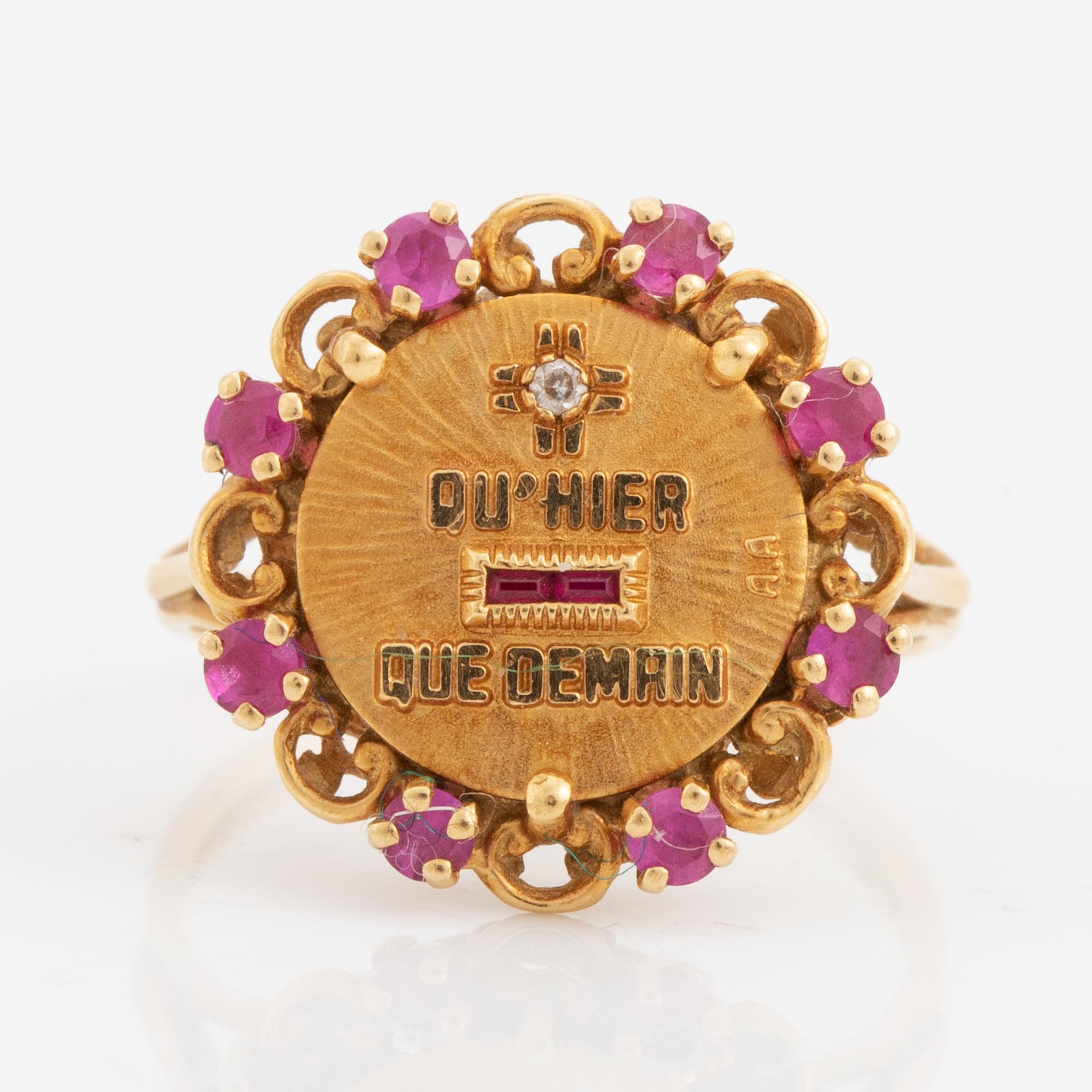 Gold, ruby and eight cut diamond ring.