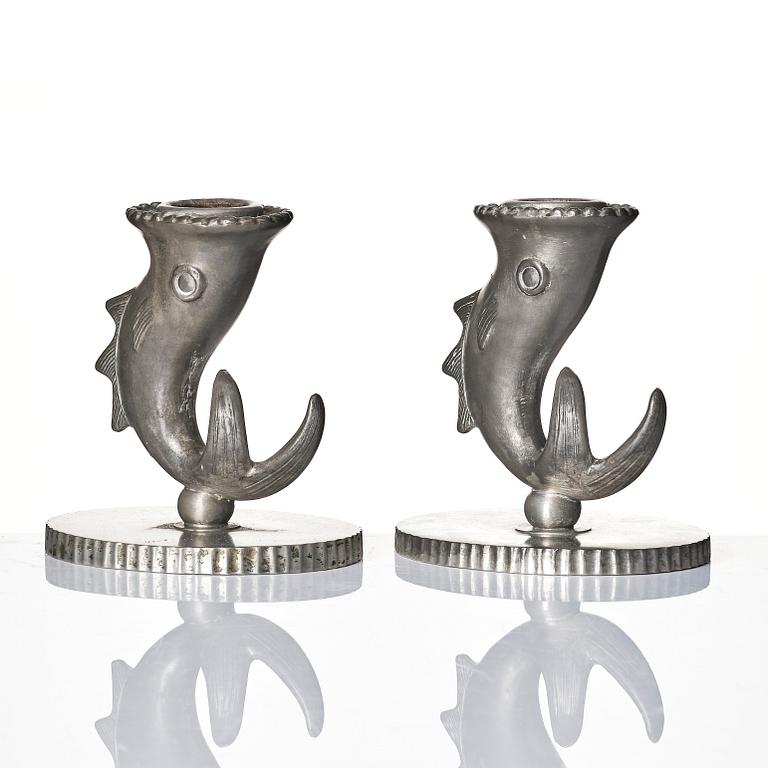 Carl Milles, a rare pair of pewter candlesticks and an inkstand, Herman Bergman konstgjuteri, Stockholm 1927-29.