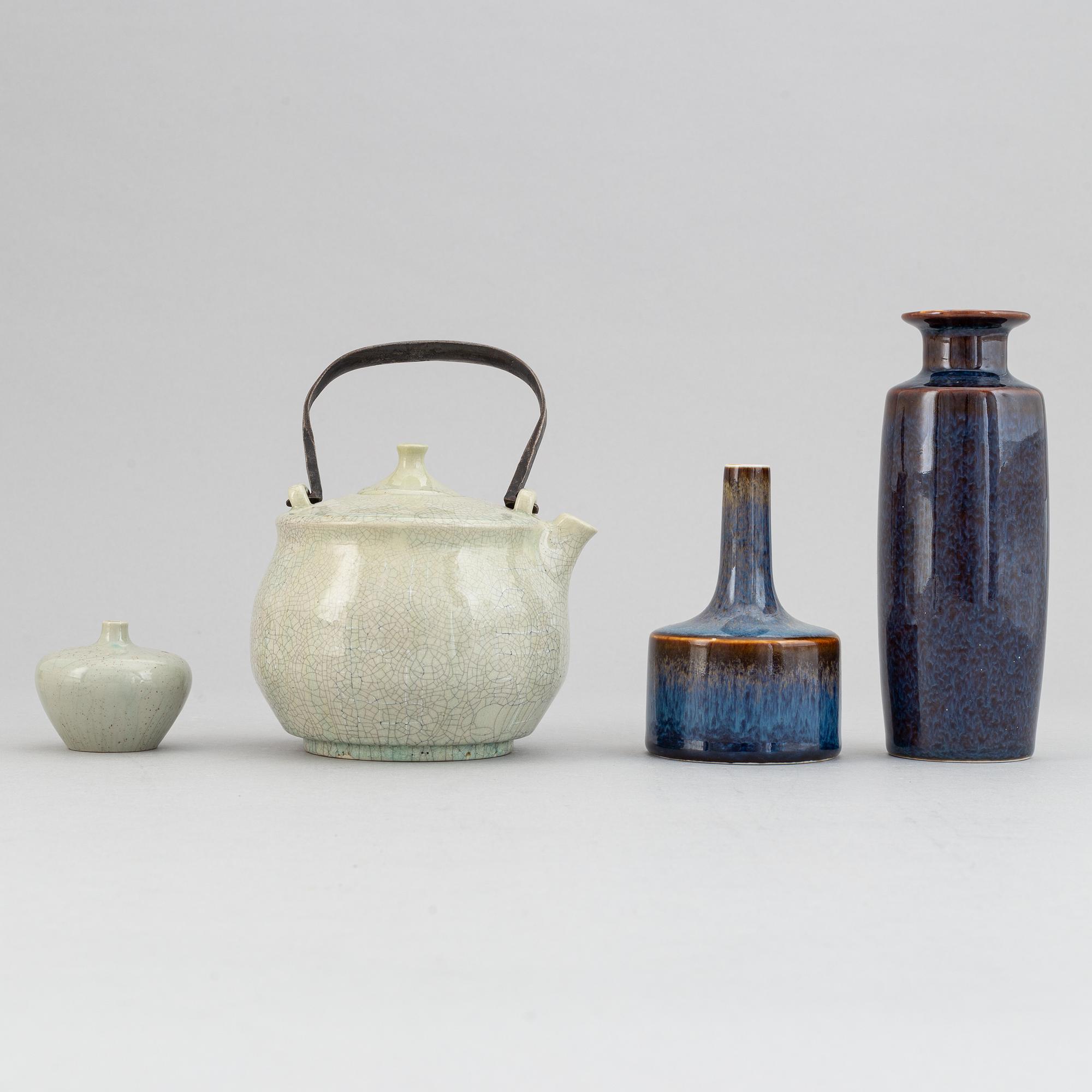 Carl-Harry Stålhane, a stoneware teapot and a set of three vases, Rörstrand, second half of the 20th Century.
