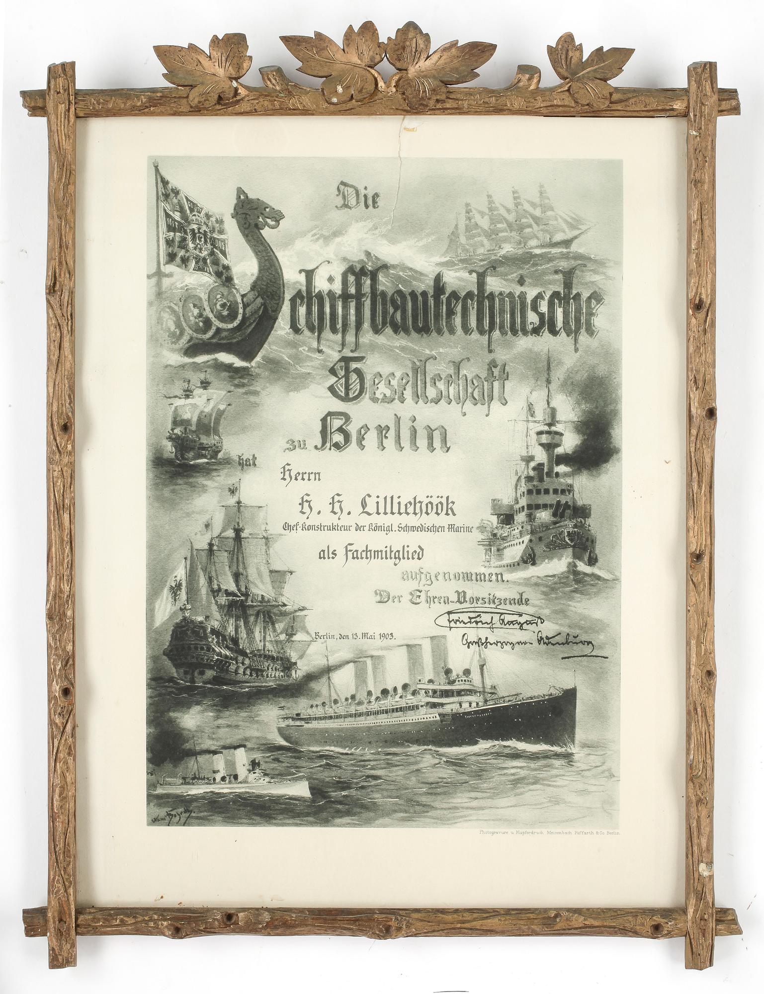DIPLOM, "Die Schiffbautechnische Gesellschaft zu Berlin" dat Berlin 13 maj 1903.