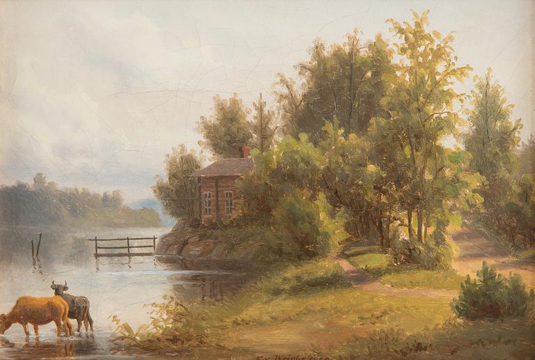 Ferdinand von Wright, Cottage and Cows by the Shore.