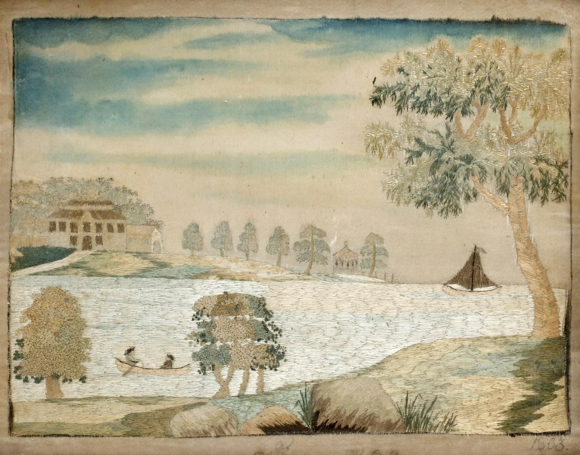 BRODERAD TAVLA, siden. 20 x 23,5 cm. Sverige 1803.