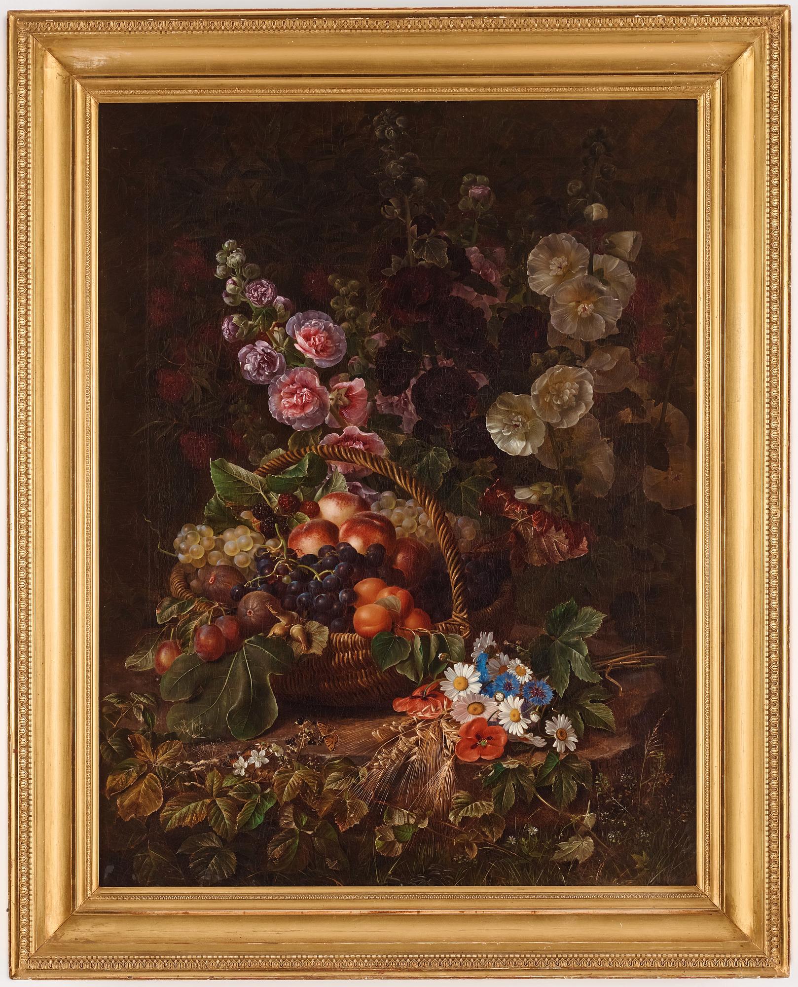 Johan Laurentz Jensen, Stilleben med stockrosor, prästkragar, blåklint, vallmo, kornax, rönnbär och en fruktkorg.