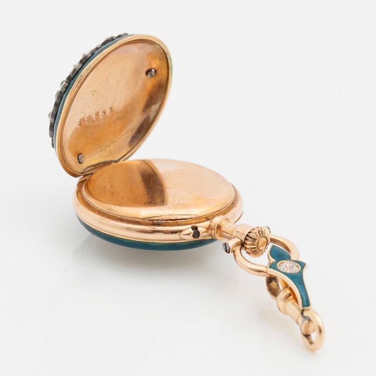 A ladies watch that can be worn as a brooch. Enamel set with diamonds. Cylinder escapement. Circa 1890-1900.