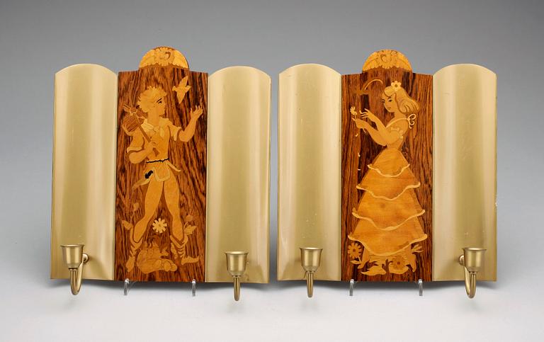 VÄGGLAMPETTER, ett par, trol Mjölby intarsia, 1930/40-tal.