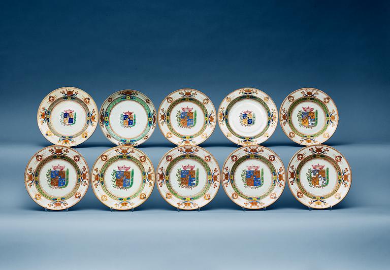 A set of 10 famille rose armorial plates, Qing dynasty, Yongzheng (1723-35).