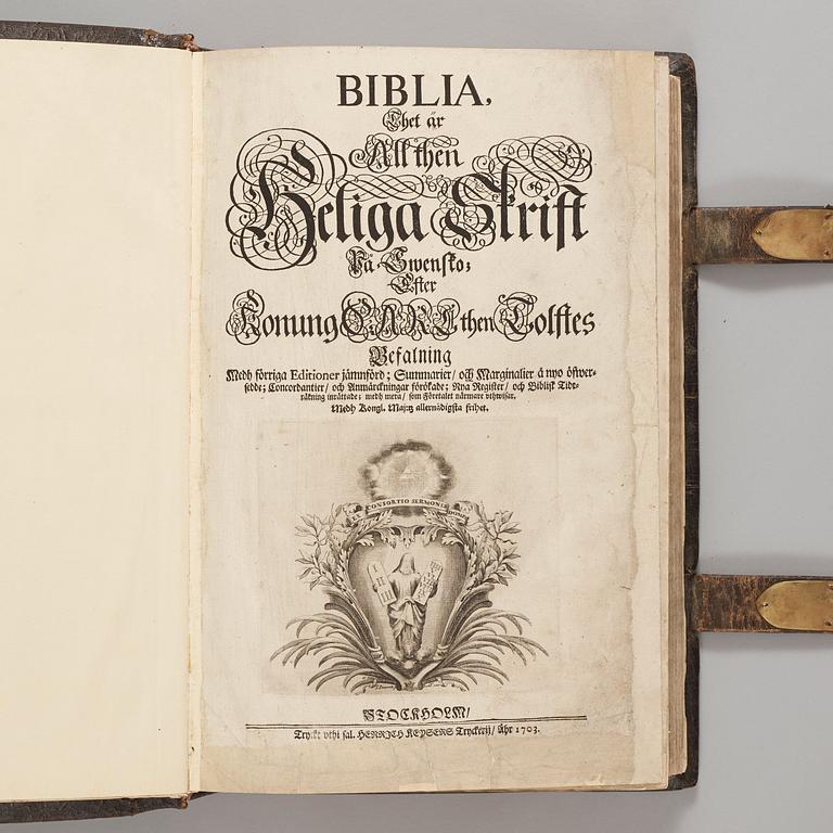 KARL XII:s BIBEL, "Biblia, thet är all then heliga skrift på swensko....", Stockholm 1702-1703.