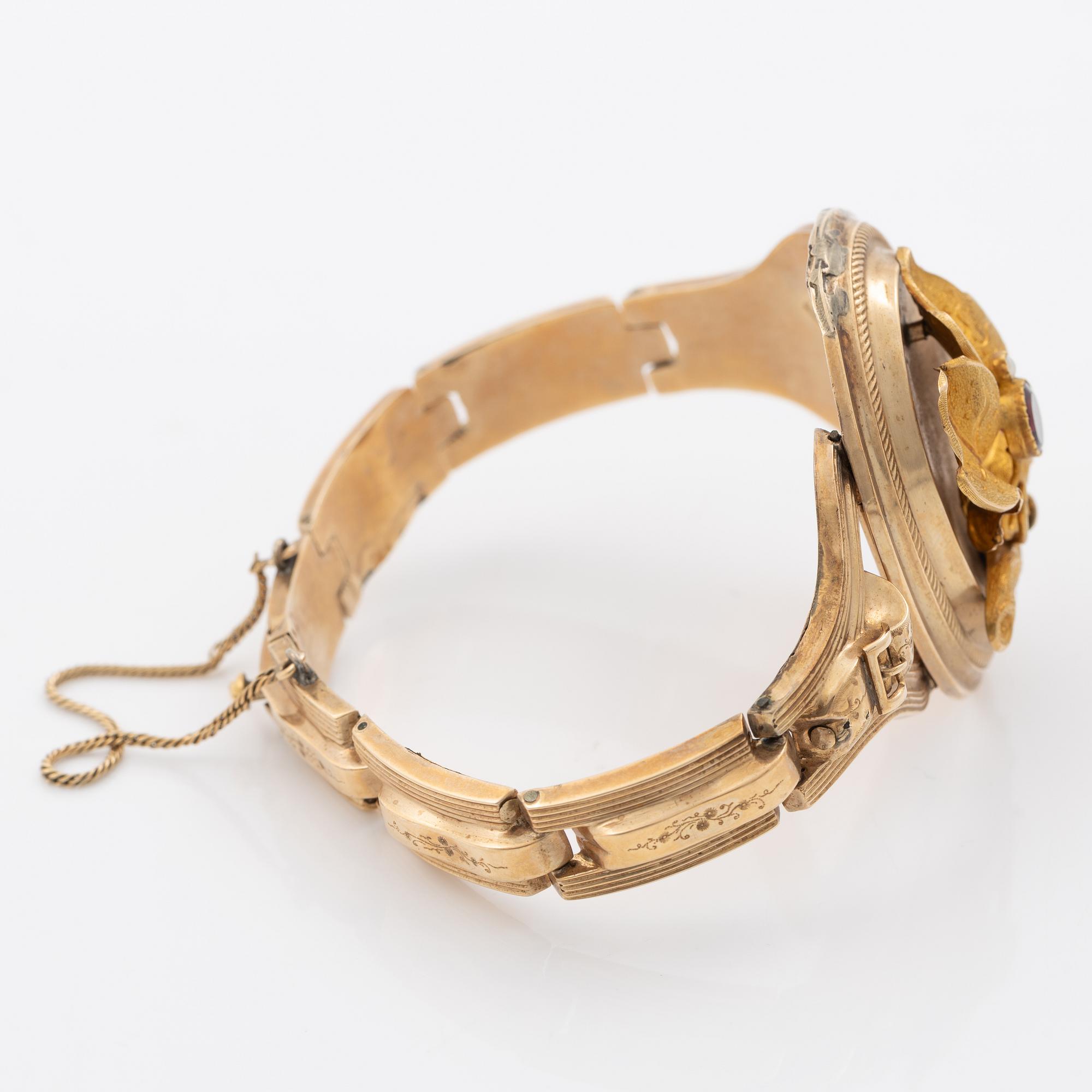 Bracelet, 14K gold with purple glass stone and seed pearl, 19th century,