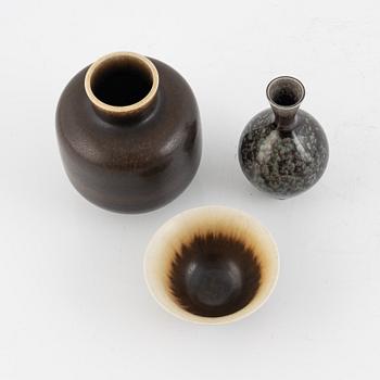 Berndt Friberg, two stoneware vases and a bowl, Gustavsberg Studio, Sweden, 1966, 1977 and 1978.