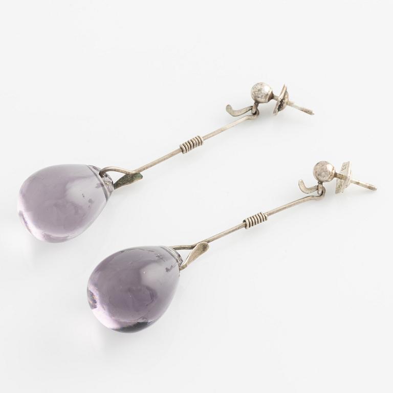 Vivianna Torun Bülow-Hübe, earrings, silver with purple glass drops.