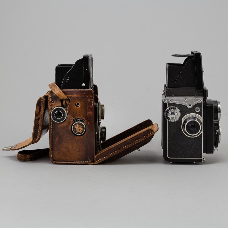 Two Twin Lens Reflex Cameras, a 1950s /60s Yashica 635 and a 1930s Rolleicord.