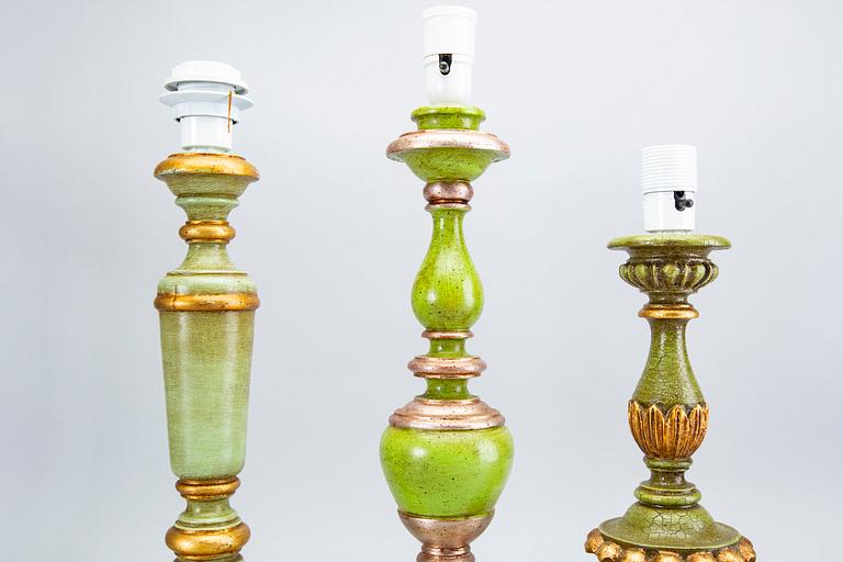 A set of three wood table lamps  from Paoletti, Firenze Italy,second half of 20th century,