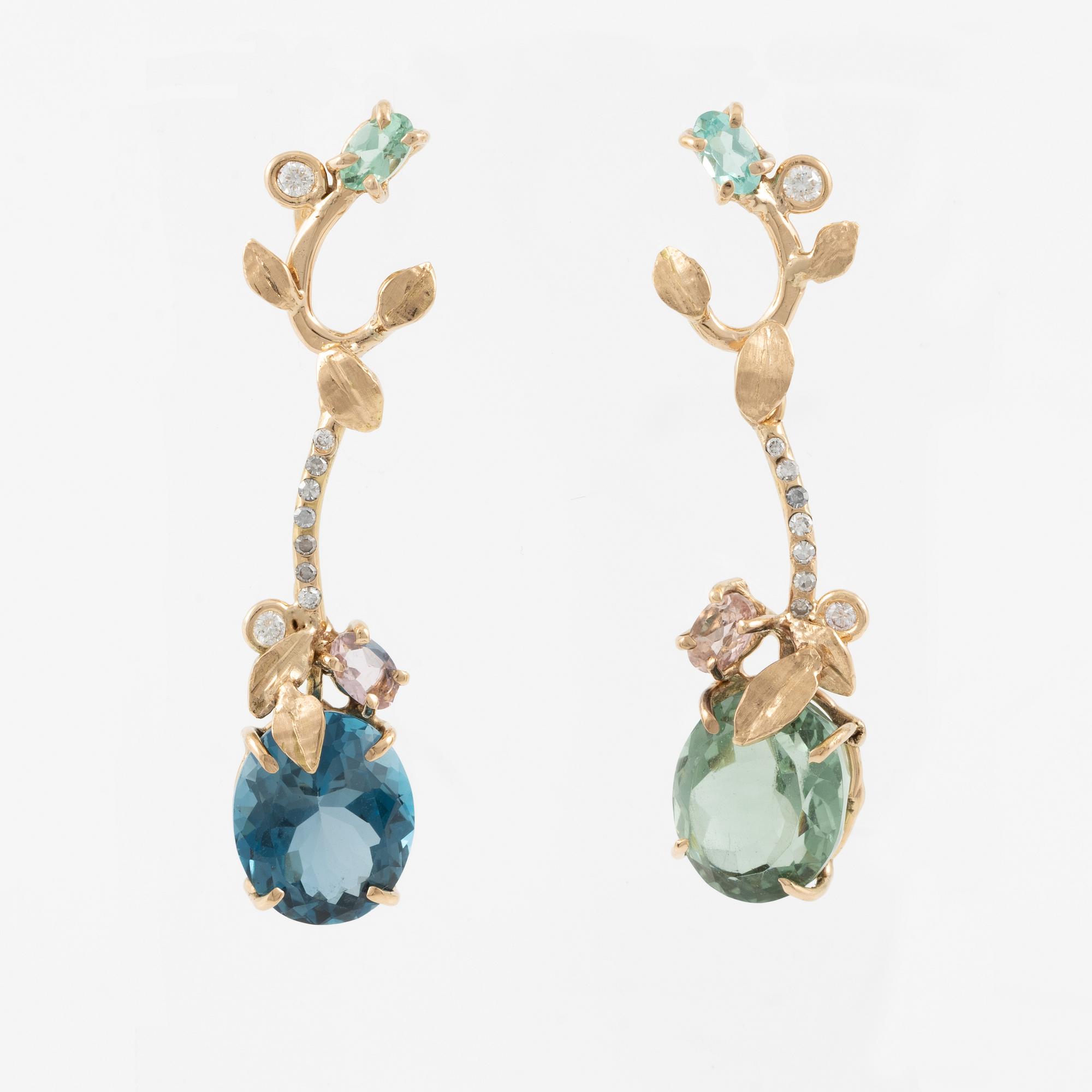 Earrings 18K gold with green quartz, blue topaz, apatite, and tourmaline and diamonds.